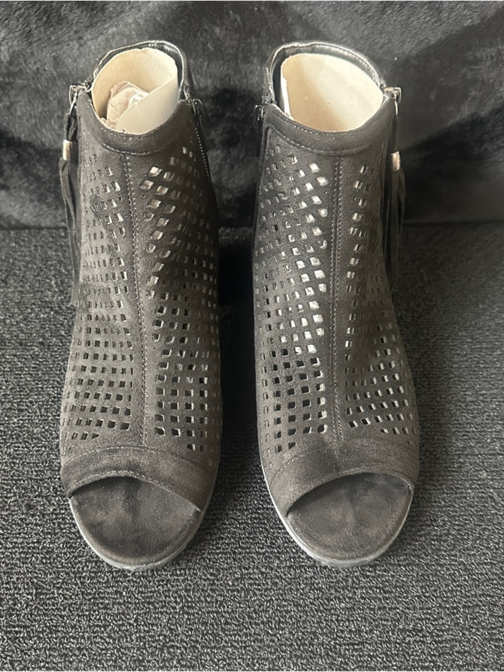 Black Suede Open Toe Heeled Booties